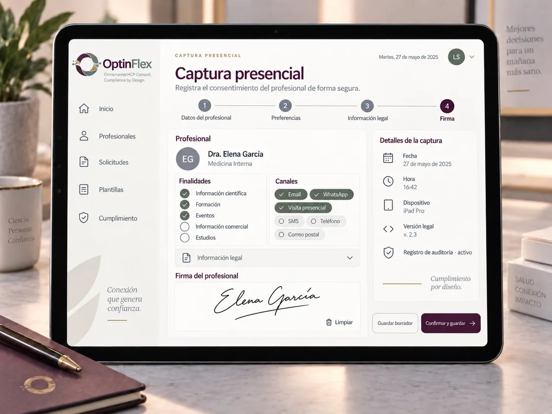 Pantalla de captura presencial: finalidades y canales marcados por la médica, información legal desplegable, firma manuscrita y detalles de la captura con fecha, hora, dispositivo y versión legal.