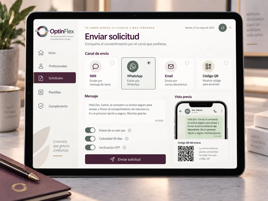 Pantalla de envío de solicitud: elección de canal entre SMS, WhatsApp, email o código QR, mensaje, enlace de un solo uso, caducidad, verificación OTP y vista previa del mensaje.