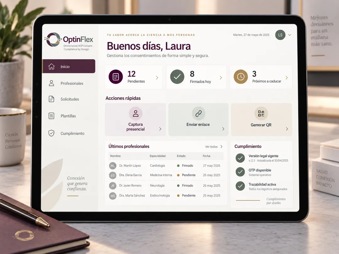 Pantalla de inicio de OptinFlex en una tablet: consentimientos pendientes, firmados hoy y próximos a caducar, accesos a captura presencial, envío de enlace y QR, y últimos profesionales.