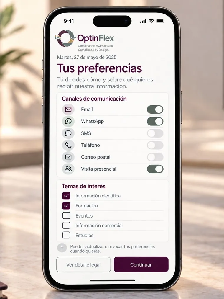 Pantalla de preferencias en el móvil del HCP: canales de comunicación con interruptores y temas de interés con casillas, y botones para ver el detalle legal y continuar.