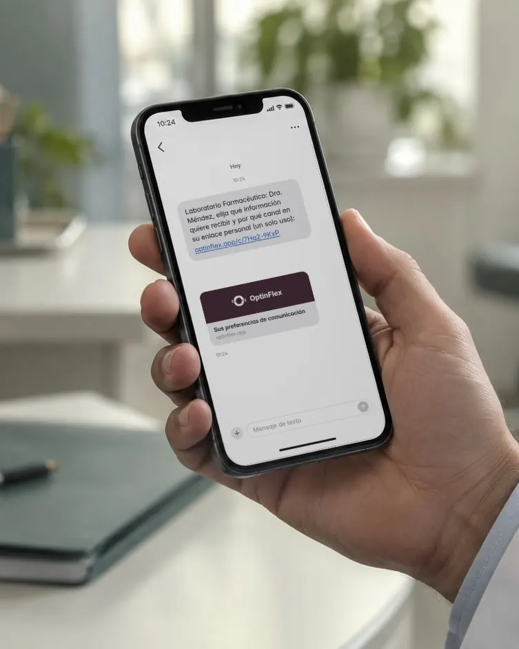 Un HCP lee en su móvil un SMS con su enlace personal para elegir qué información quiere recibir.