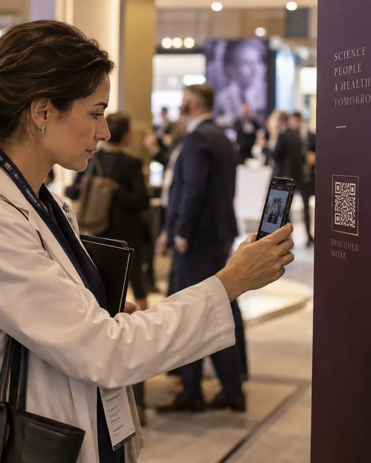 Una médica escanea con su móvil el código QR de un stand en un congreso.