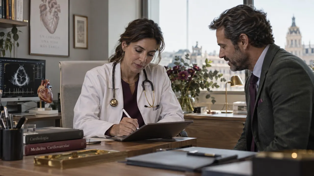 Una médica firma en la tablet del delegado durante la visita en su consulta.