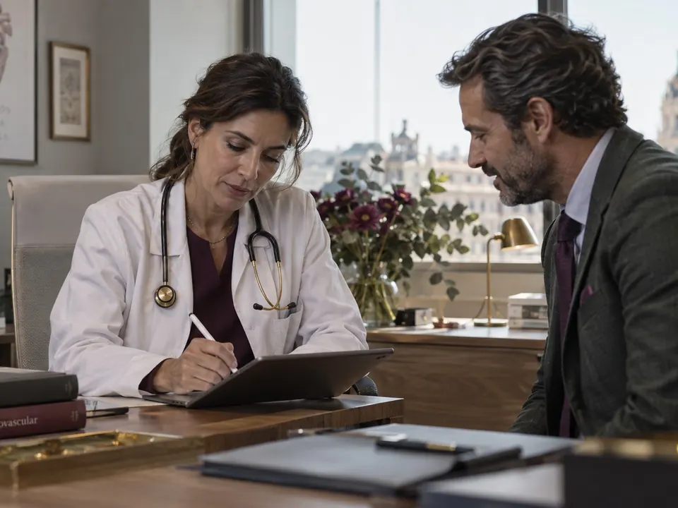 La médica firma en la tablet mientras el delegado espera al otro lado de la mesa.