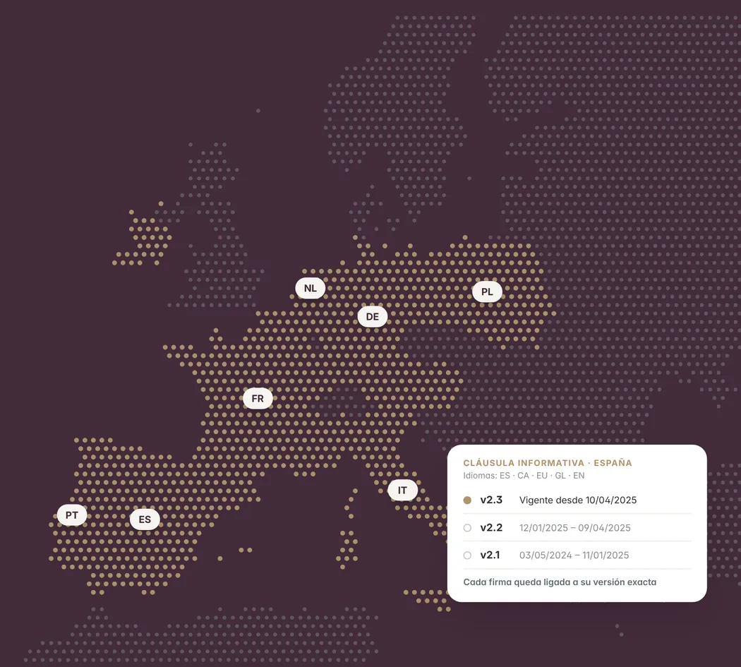 Mapa de Europa con varios países destacados y el historial de versiones de la cláusula informativa de España: la 2.3 vigente y las anteriores con sus fechas.
