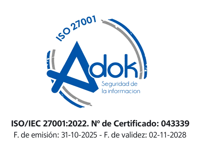 Sello de certificación ISO/IEC 27001:2022 de Adok, seguridad de la información. Certificado nº 043339, emitido el 31-10-2025 y válido hasta el 02-11-2028.